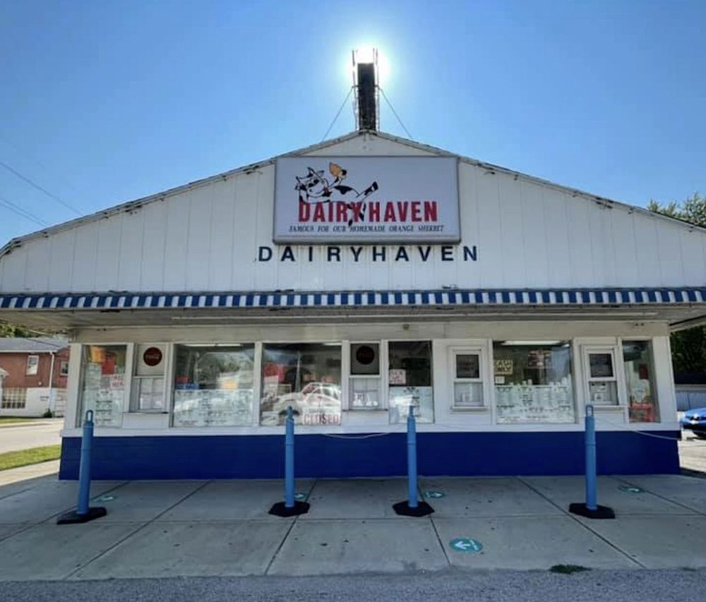 Dairy Haven’s white stand and blue-striped awning today